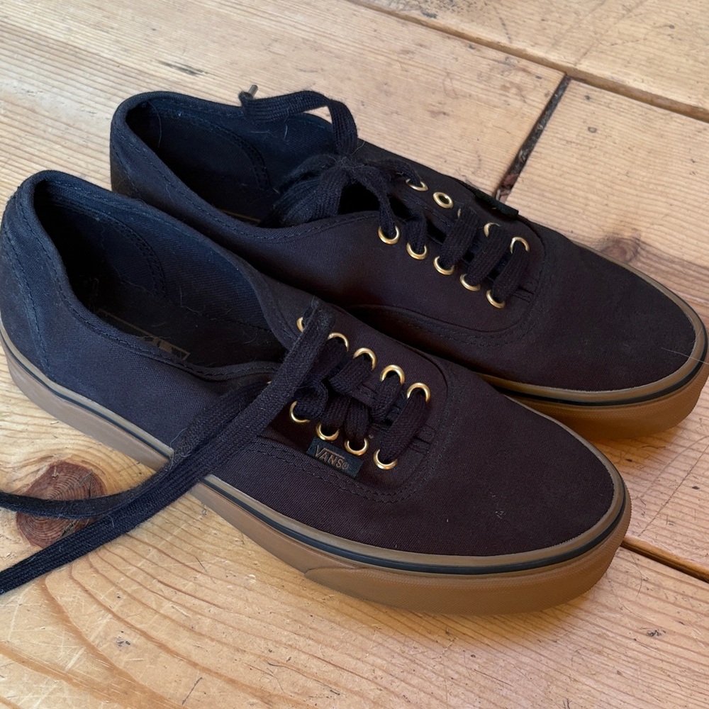Vans Black Canvas Low-Top Sneakers with Gum Sole and Gold Eyelets